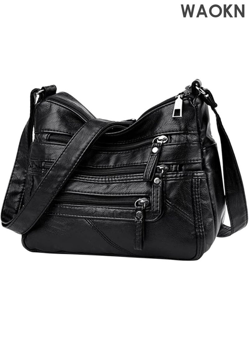 WAOKN Crossbody Shoulder Bag for Women and men , Multi Pocket Messenger Bag Soft PU Leather Cross-Body Handbags for Ladies and men , Ladies and men Shoulder Bag Black , Taille unique , Lightweight , unisex , balck . - Image 1