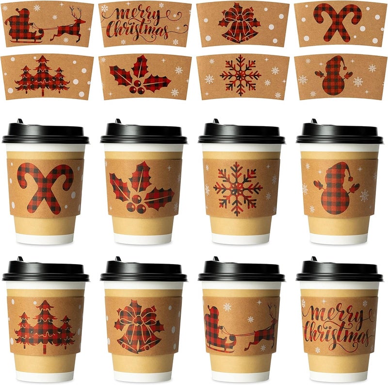 Haooryx Christmas Coffee Cup Tea Cup Sleeves - 40 Packs Hot Chocolate Cocoa Cups Sleeves Disposable Snowman Santa Kraft Paper Cup Sleeves for 12oz and 16oz Coffee Cold Drinks Beverage Cups, 8 Designs - Image 1