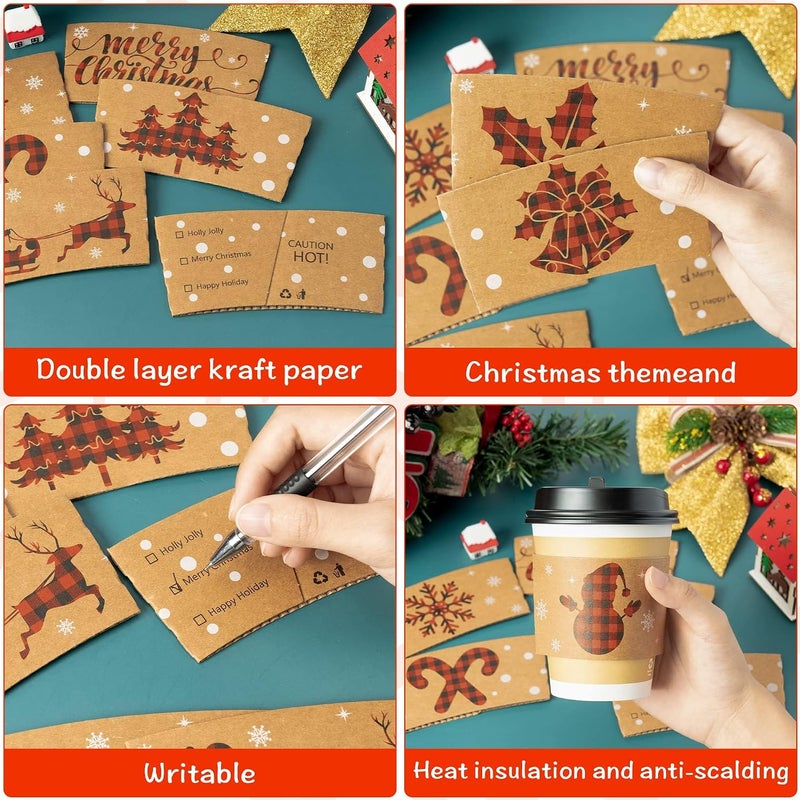 Haooryx Christmas Coffee Cup Tea Cup Sleeves - 40 Packs Hot Chocolate Cocoa Cups Sleeves Disposable Snowman Santa Kraft Paper Cup Sleeves for 12oz and 16oz Coffee Cold Drinks Beverage Cups, 8 Designs - Image 5