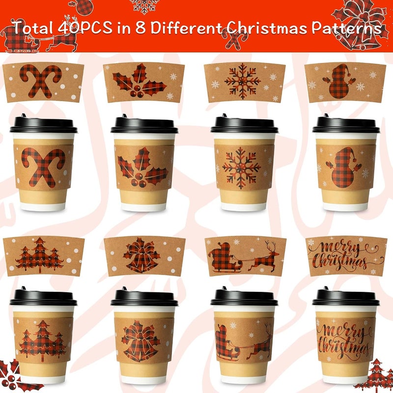 Haooryx Christmas Coffee Cup Tea Cup Sleeves - 40 Packs Hot Chocolate Cocoa Cups Sleeves Disposable Snowman Santa Kraft Paper Cup Sleeves for 12oz and 16oz Coffee Cold Drinks Beverage Cups, 8 Designs - Image 2