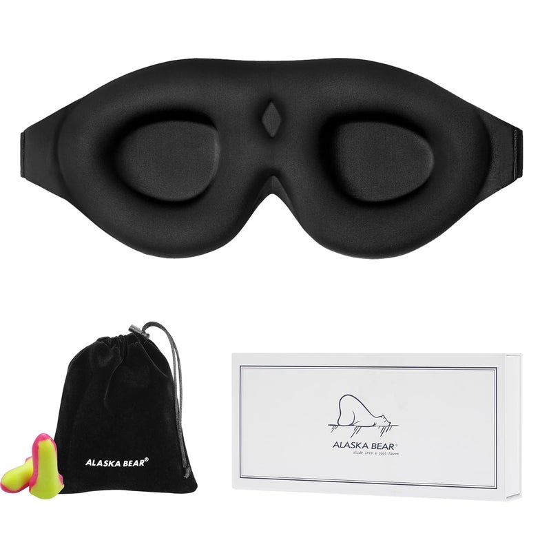 ALASKA BEAR Sleep Mask Memory Foam Contoured Eye Cups for Women and Men Soft 3D Blackout Eye Mask for Sleeping No Pressure on Eyelids and Eyelashes Protection Earplugs Set Black