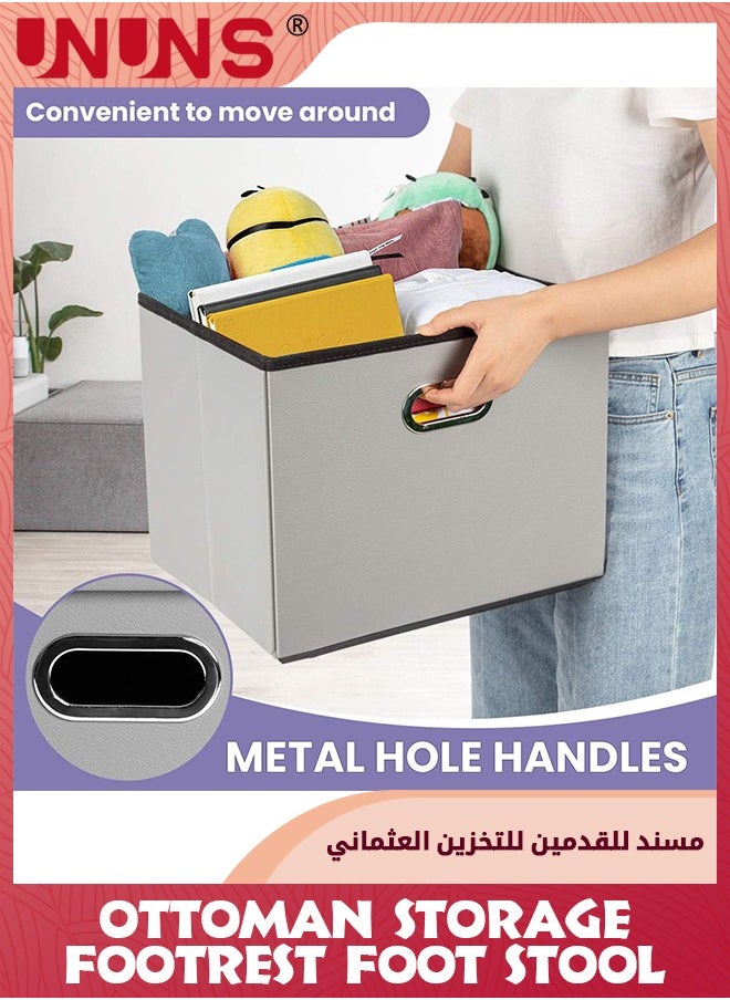 UNUNS مكعبات تخزين عثمانية، صناديق تخزين قابلة للطي، منظم عثماني قابل للطي، مقعد أثاث قابل للطي مع مقابض وغطاء، تخزين عثماني جلدي لغرفة النوم، رمادي  - Image 4