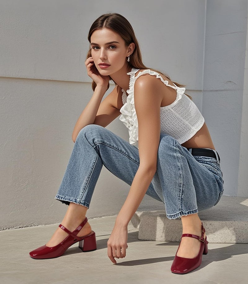 Ankis Mary Jane Chunky Low Heels Dress Shoes for Women Slingback Square Closed Toe Heels Wedding Party Pumps - Image 3