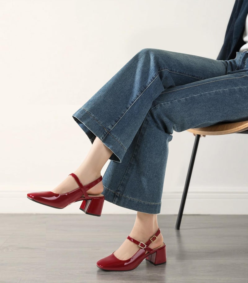 Ankis Mary Jane Chunky Low Heels Dress Shoes for Women Slingback Square Closed Toe Heels Wedding Party Pumps - Image 2