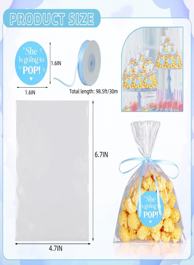 AIOMOB 50 Pack Blue She is Going to Pop Popcorn Bags Baby Shower Favor Labels with Clear Cellophane Bags and Ribbon Popcorn Bags for Gift Wrapping, Food Storage, Baby Shower Decorations - Image 2