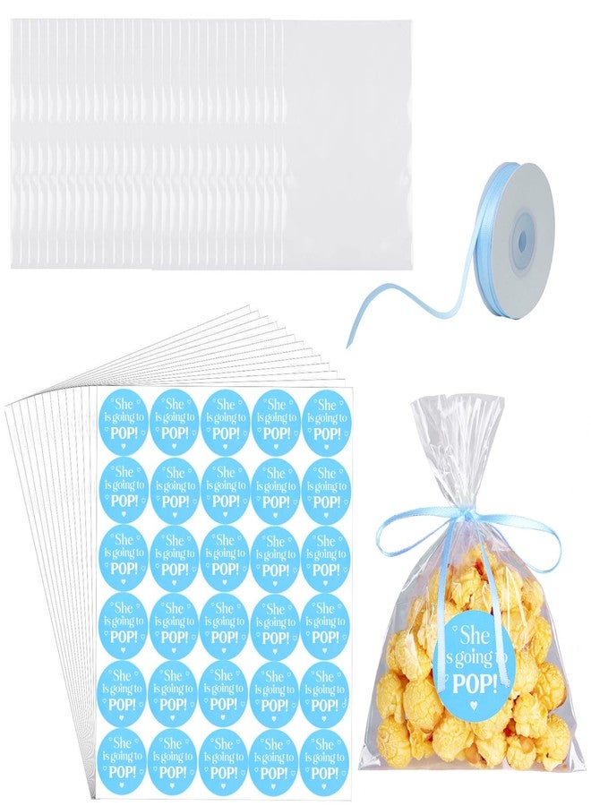 AIOMOB 50 Pack Blue She is Going to Pop Popcorn Bags Baby Shower Favor Labels with Clear Cellophane Bags and Ribbon Popcorn Bags for Gift Wrapping, Food Storage, Baby Shower Decorations - Image 1