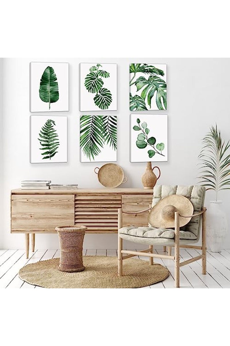 HoozGee Framed Botanical Wall Art Prints Set of 6 Tropical Leaves Canvas Decor with WOODEN FRAME INSIDE Plant Leaf Boho Wall Decor Pictures Green Boho Posters Art Wall Art Decor (8"x10" FRAME) - Image 5