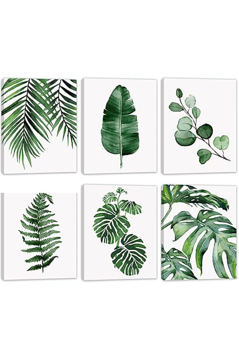 HoozGee Framed Botanical Wall Art Prints Set of 6 Tropical Leaves Canvas Decor with WOODEN FRAME INSIDE Plant Leaf Boho Wall Decor Pictures Green Boho Posters Art Wall Art Decor (8"x10" FRAME) - Image 2