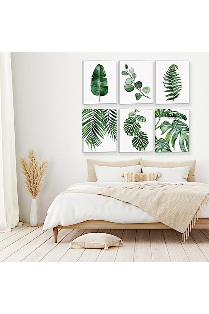 HoozGee Framed Botanical Wall Art Prints Set of 6 Tropical Leaves Canvas Decor with WOODEN FRAME INSIDE Plant Leaf Boho Wall Decor Pictures Green Boho Posters Art Wall Art Decor (8"x10" FRAME) - Image 3