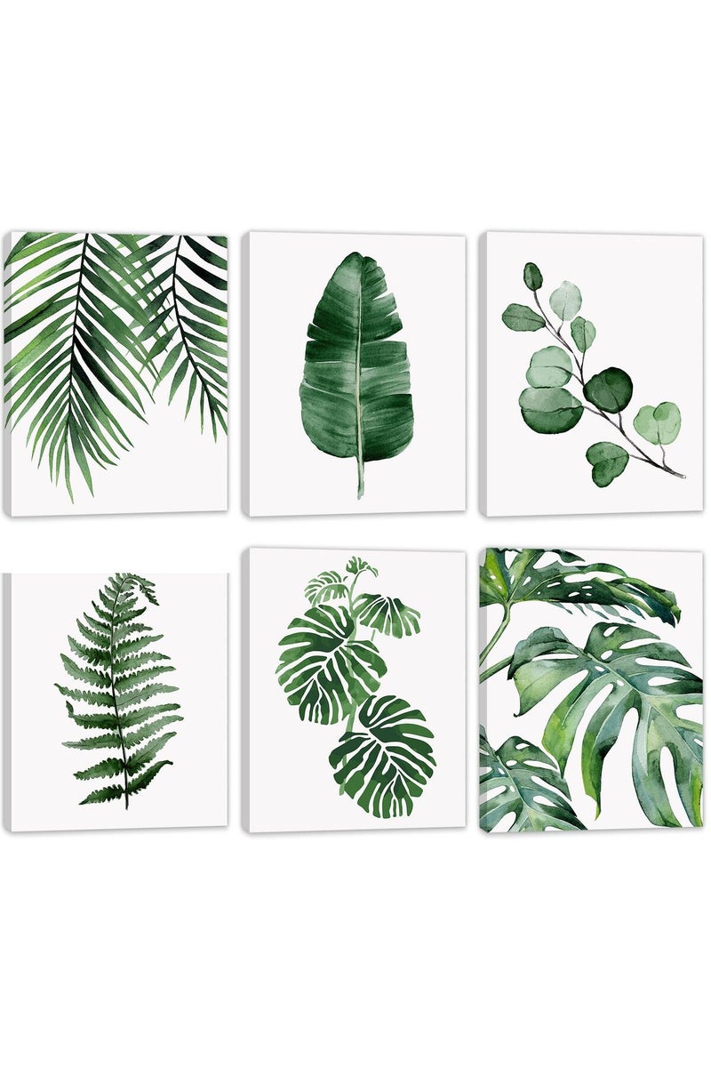 HoozGee Framed Botanical Wall Art Prints Set of 6 Tropical Leaves Canvas Decor with WOODEN FRAME INSIDE Plant Leaf Boho Wall Decor Pictures Green Boho Posters Art Wall Art Decor (8"x10" FRAME) - Image 1