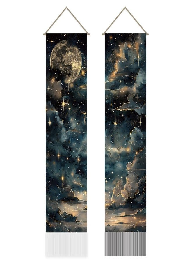 AHANDMAKER Pack of 2 Starry Sky Tapestry, Retro Moon and Stars Vertical Long Aesthetic Celestial Tapestry Doorway Curtain Tassel Wall Hanging for Bedroom Living Room, 13 x 51 Inch - Image 1
