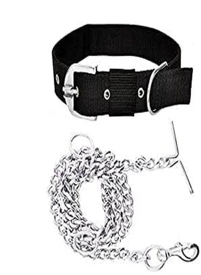 D&C PAWS Dog Belt Combo of 1 inch Nylon Collar with Heavy Dog Chain 63 Inch Lengthy Dog Collar Chain (1 Inch, Black) - Image 1