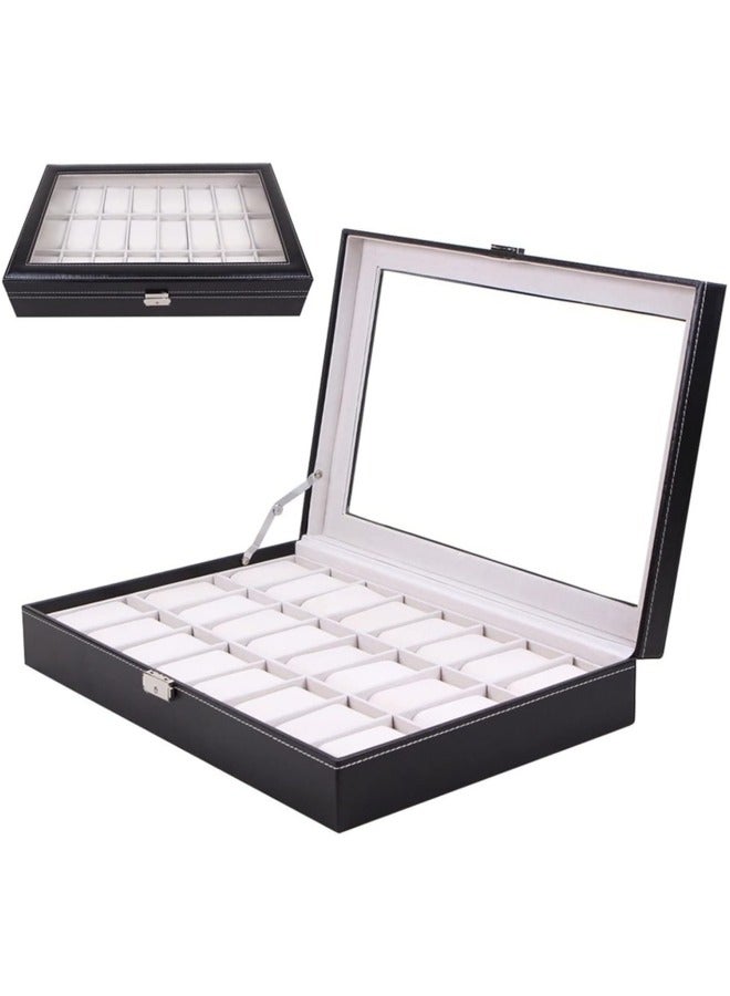 Watch Box, 24 Slots Leather Watch Case, Watch Box Organizer Jewelry Storage with Large Glass Lid, Watch Display Case, Watch Box for Men & Women Gift - Image 2