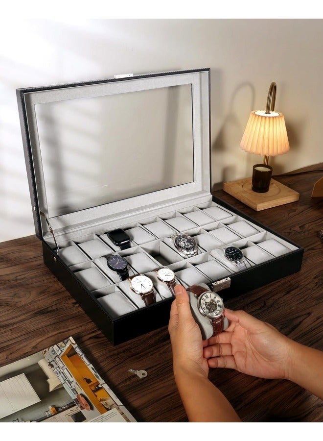 Watch Box, 24 Slots Leather Watch Case, Watch Box Organizer Jewelry Storage with Large Glass Lid, Watch Display Case, Watch Box for Men & Women Gift - Image 5