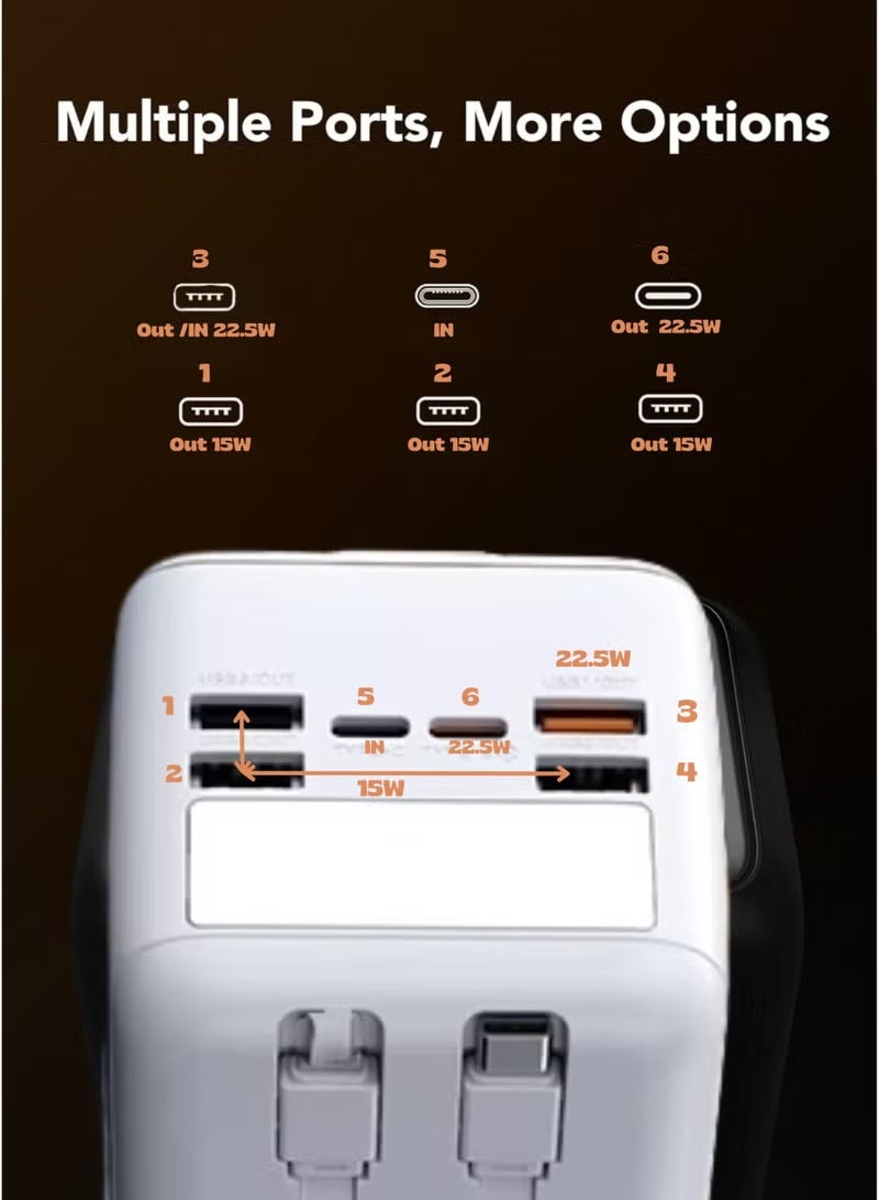 LEVINO N60 50000mAh Power Bank 22.5W Ultra Fast Charging | Built-In Type-C & Lightning Cables, Digital LED Display, 4 USB + 2 PD Ports | High-Capacity Portable Charger – White - Image 5