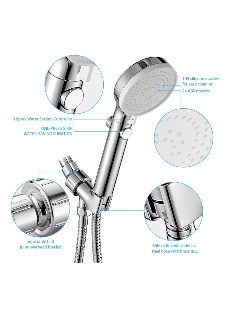 High Pressure Shower Head with Switch, Handheld, 3 Modes Handheld Hose, Chrome Finish - Image 4
