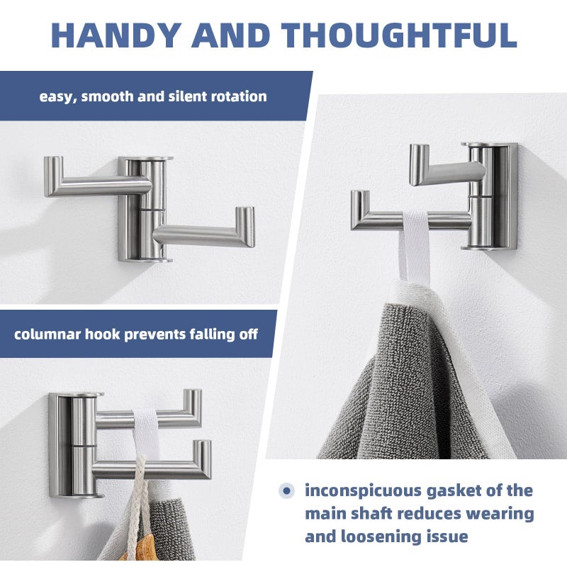 Angle Simple Swivel Towel Hook, SUS 304 Stainless Steel Hand Towel Hook for Bathroom, Foldable Robe Coat Hanger, Brushed Nickel - Image 4