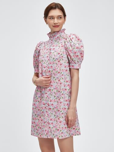 LifeShe Women Summer Floral Mini Dress Ruffle Neck Puffer Sleeve Boho Beach Shift Dresses Light Pink - Image 2