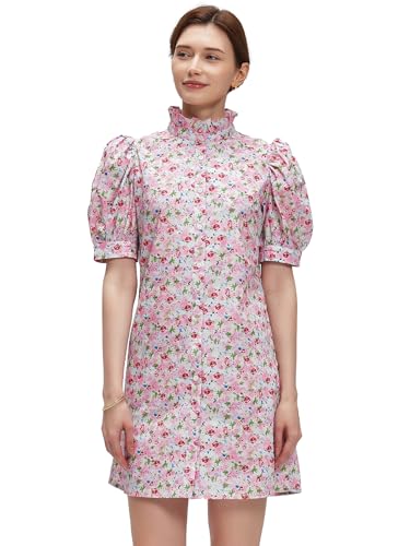 LifeShe Women Summer Floral Mini Dress Ruffle Neck Puffer Sleeve Boho Beach Shift Dresses Light Pink - Image 1