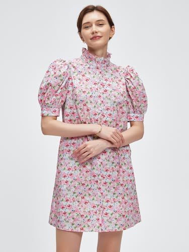 LifeShe Women Summer Floral Mini Dress Ruffle Neck Puffer Sleeve Boho Beach Shift Dresses Light Pink - Image 4