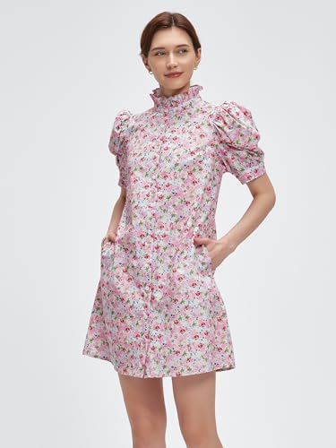 LifeShe Women Summer Floral Mini Dress Ruffle Neck Puffer Sleeve Boho Beach Shift Dresses Light Pink - Image 5