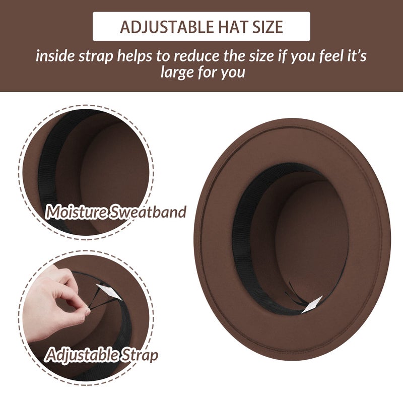 JINGSHA Classic Fedora Hat Flat Top Hat Felt Pork Pie Hat Wide Brim Church Derby Cap for Women and Men Coffee - Image 4