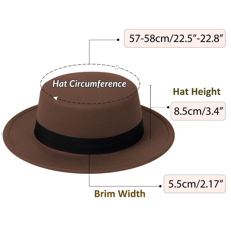 JINGSHA Classic Fedora Hat Flat Top Hat Felt Pork Pie Hat Wide Brim Church Derby Cap for Women and Men Coffee - Image 2
