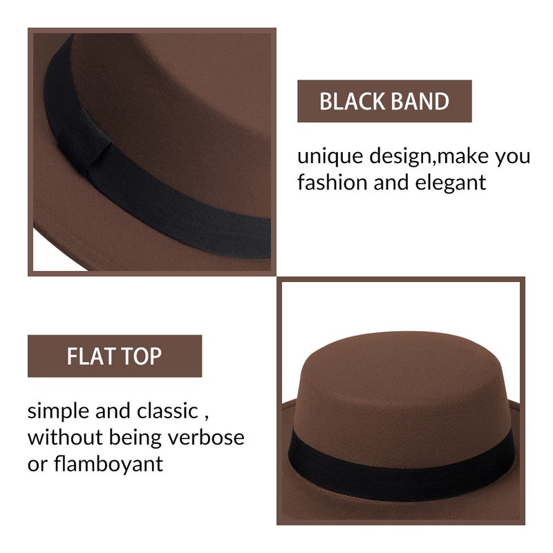 JINGSHA Classic Fedora Hat Flat Top Hat Felt Pork Pie Hat Wide Brim Church Derby Cap for Women and Men Coffee - Image 3