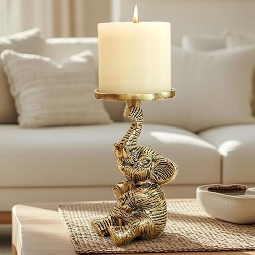 BEHOMA Aluminium Elephant Pillar Candle Holder Statue | Tabletop Home Decor Showpiece House Warming & Valentine’s Gift for Men | Wedding & Anniversary Decorative | Gold (Candle Not Included) 8 x 8 Cm - Image 1