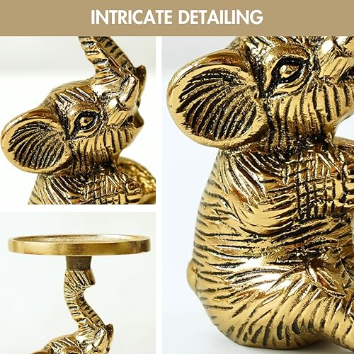 BEHOMA Aluminium Elephant Pillar Candle Holder Statue | Tabletop Home Decor Showpiece House Warming & Valentine’s Gift for Men | Wedding & Anniversary Decorative | Gold (Candle Not Included) 8 x 8 Cm - Image 4