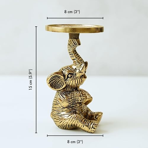 BEHOMA Aluminium Elephant Pillar Candle Holder Statue | Tabletop Home Decor Showpiece House Warming & Valentine’s Gift for Men | Wedding & Anniversary Decorative | Gold (Candle Not Included) 8 x 8 Cm - Image 3