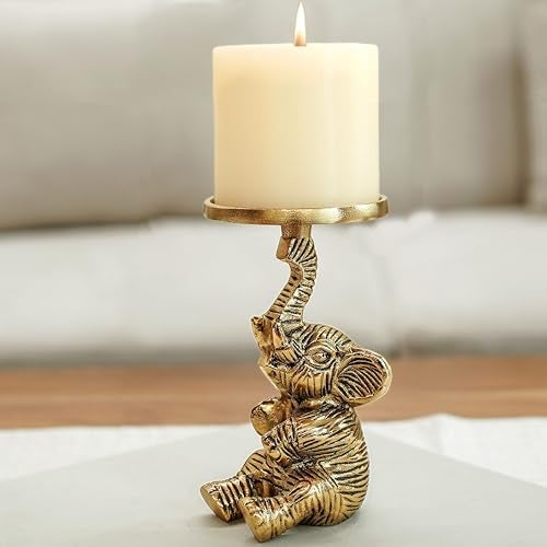 BEHOMA Aluminium Elephant Pillar Candle Holder Statue | Tabletop Home Decor Showpiece House Warming & Valentine’s Gift for Men | Wedding & Anniversary Decorative | Gold (Candle Not Included) 8 x 8 Cm - Image 2