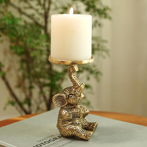 BEHOMA Aluminium Elephant Pillar Candle Holder Statue | Tabletop Home Decor Showpiece House Warming & Valentine’s Gift for Men | Wedding & Anniversary Decorative | Gold (Candle Not Included) 8 x 8 Cm - Image 5