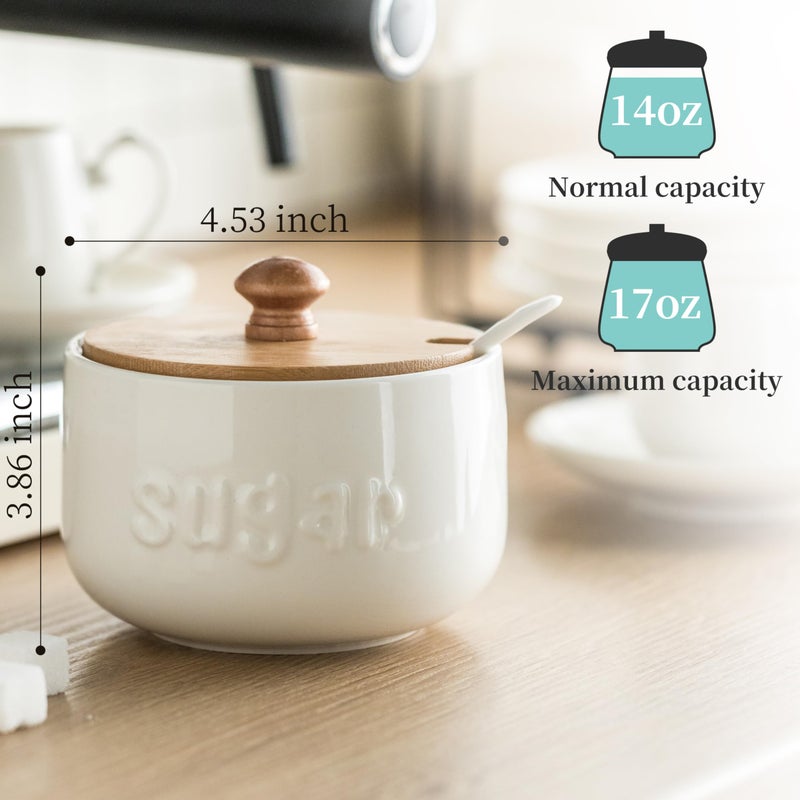 LYEOBOH Sugar Bowl with Lid and Spoon,17 OZ Sugar Jar, Ceramic Jar with Lid, Sugar Container for Coffee Bar, Sugar Bowls for Countertop, Azucarera for Farmhouse Home and Kitchen, White - Image 2