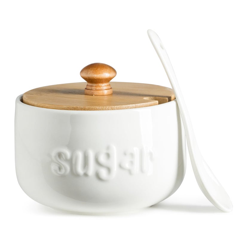 LYEOBOH Sugar Bowl with Lid and Spoon,17 OZ Sugar Jar, Ceramic Jar with Lid, Sugar Container for Coffee Bar, Sugar Bowls for Countertop, Azucarera for Farmhouse Home and Kitchen, White - Image 1