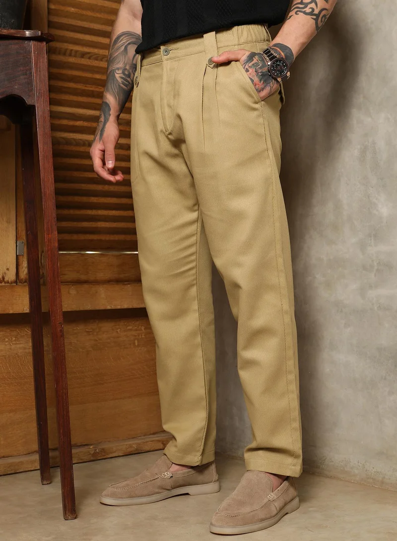 Campus Sutra  Men's Lime Green Ribbed-Pleated Chino Trousers For Casual Wear | Mid-Rise | Regular Fit | Button Closure | Trousers Crafted With Comfort Fit For Everyday Wear for Men | Best Price UAE