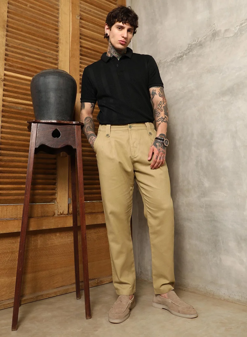 Campus Sutra  Men's Lime Green Ribbed-Pleated Chino Trousers For Casual Wear | Mid-Rise | Regular Fit | Button Closure | Trousers Crafted With Comfort Fit For Everyday Wear for Men | Best Price UAE
