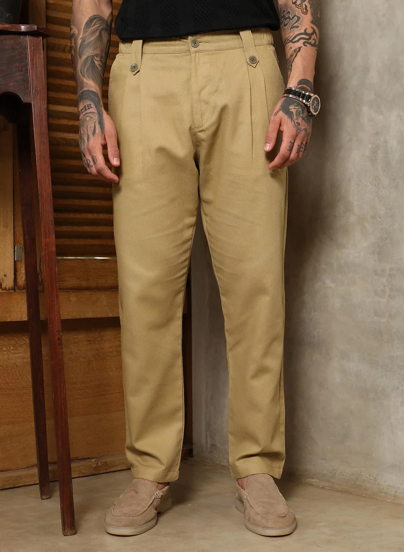 Campus Sutra Men's Lime Green Ribbed-Pleated Chino Trousers For Casual Wear | Mid-Rise | Regular Fit | Button Closure | Trousers Crafted With Comfort Fit For Everyday Wear