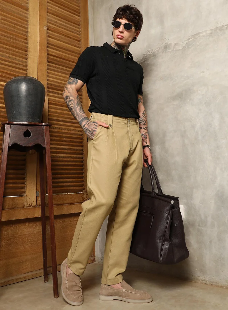 Campus Sutra  Men's Lime Green Ribbed-Pleated Chino Trousers For Casual Wear | Mid-Rise | Regular Fit | Button Closure | Trousers Crafted With Comfort Fit For Everyday Wear for Men | Best Price UAE
