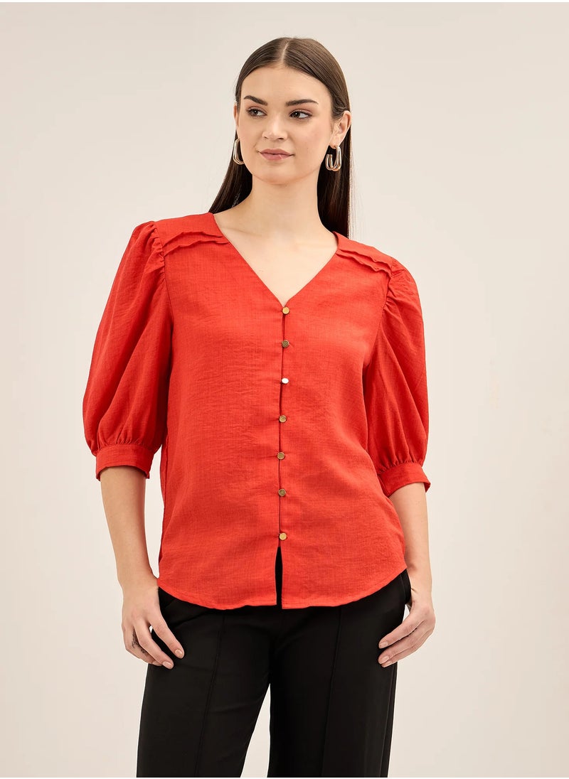 Salt Attire - Women's Red V Neckline Top with Button Down Opening, Pleated Yoke Detail, and Elbow Length Balloon Sleeves for an Elegant and Modern Look - Image 1