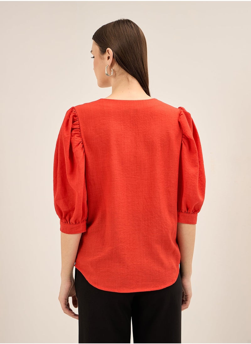 Salt Attire - Women's Red V Neckline Top with Button Down Opening, Pleated Yoke Detail, and Elbow Length Balloon Sleeves for an Elegant and Modern Look - Image 1