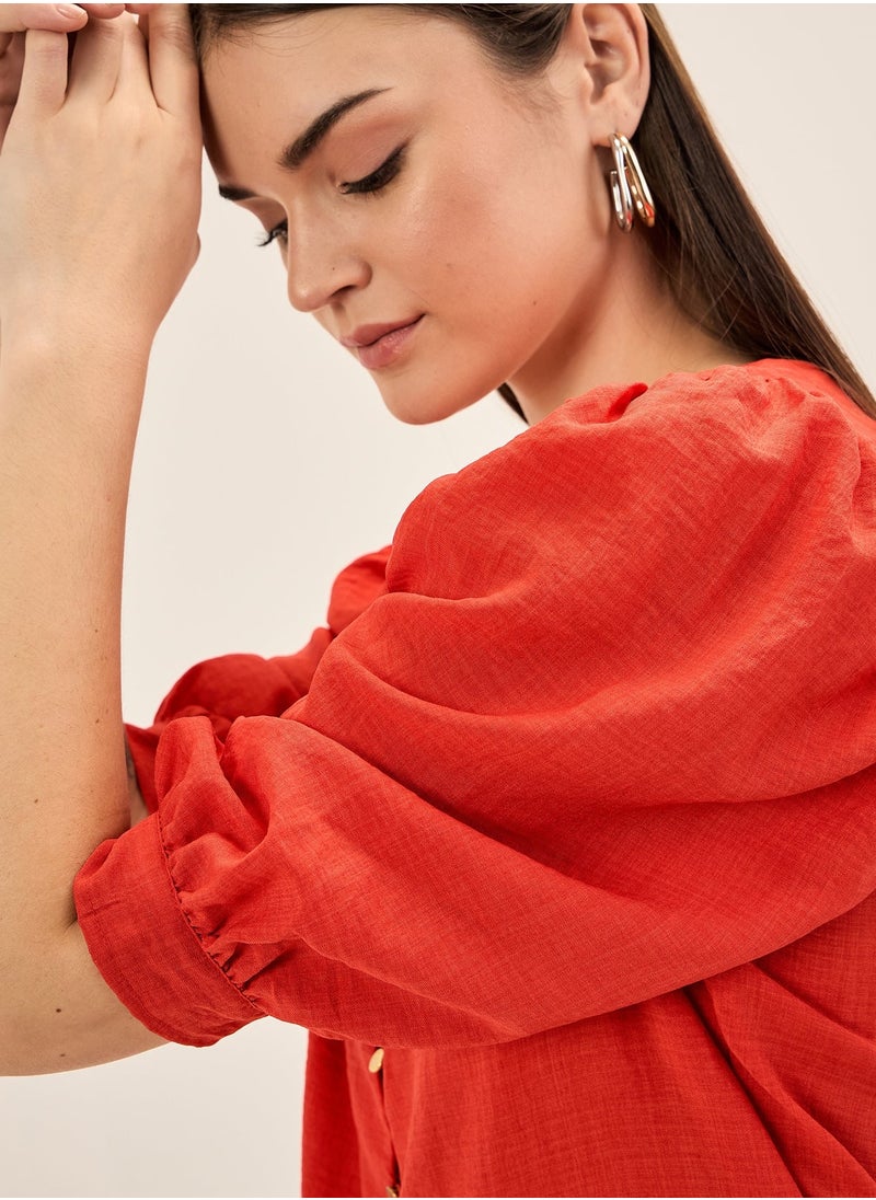 Salt Attire - Women's Red V Neckline Top with Button Down Opening, Pleated Yoke Detail, and Elbow Length Balloon Sleeves for an Elegant and Modern Look - Image 1