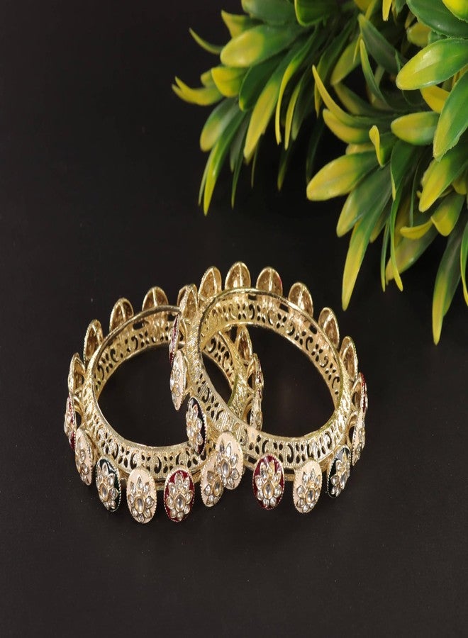 NMII Traditional Gold Plated Metal Bangles Kada Set For Women & Girls With Flower Zircon Diamond Stone Pattern | Women's Kangans | Premium Kada Set For Occasions Fashion Jewelry-(MAH136-GoldMulti-2.8) - Image 2