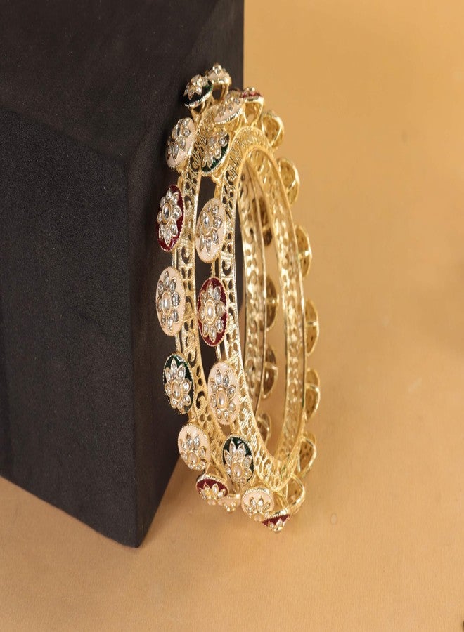 NMII Traditional Gold Plated Metal Bangles Kada Set For Women & Girls With Flower Zircon Diamond Stone Pattern | Women's Kangans | Premium Kada Set For Occasions Fashion Jewelry-(MAH136-GoldMulti-2.8) - Image 4