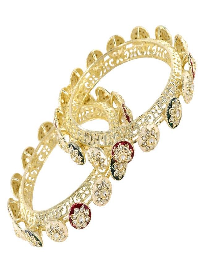 NMII Traditional Gold Plated Metal Bangles Kada Set For Women & Girls With Flower Zircon Diamond Stone Pattern | Women's Kangans | Premium Kada Set For Occasions Fashion Jewelry-(MAH136-GoldMulti-2.8) - Image 1
