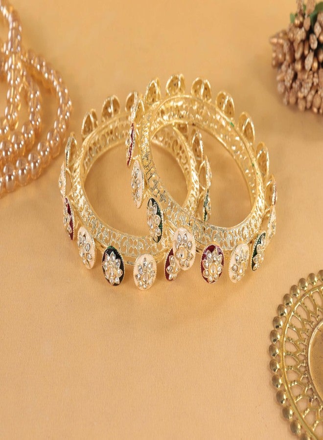 NMII Traditional Gold Plated Metal Bangles Kada Set For Women & Girls With Flower Zircon Diamond Stone Pattern | Women's Kangans | Premium Kada Set For Occasions Fashion Jewelry-(MAH136-GoldMulti-2.8) - Image 3