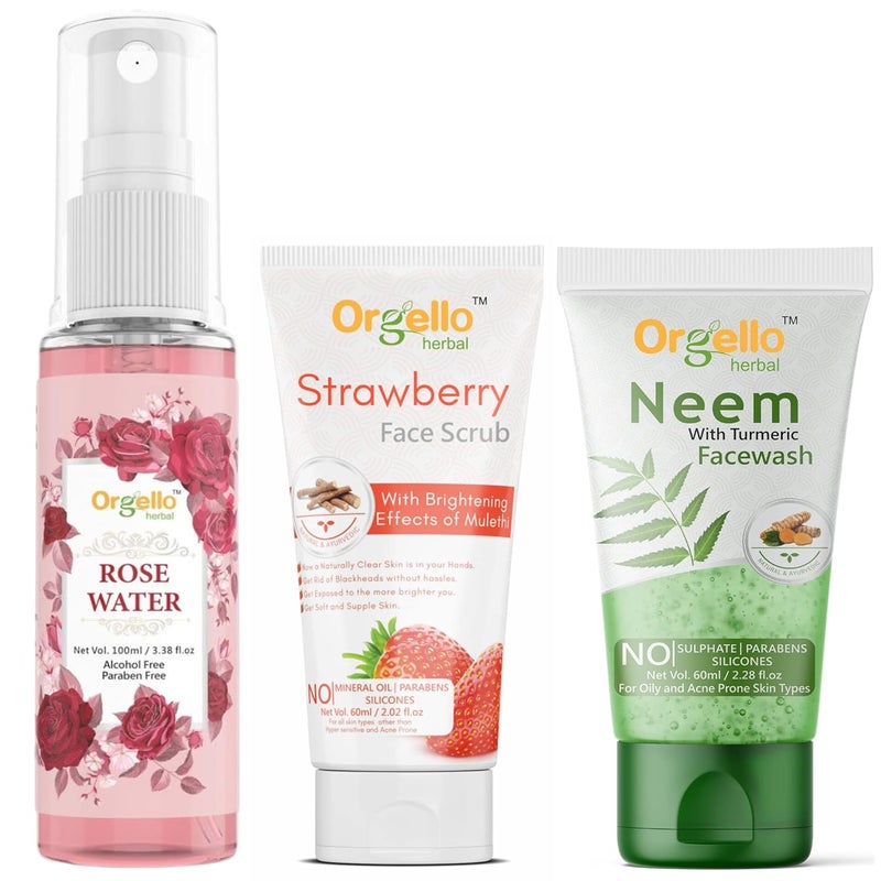 Orgello سكراب الفراولة من أورجيلو 1 × 60 مل رذاذ ماء الورد 1 × 100 مل غسول الوجه بالنييم والكركم 1 × 60 مل للرجال والنساء والفتيات والأولاد عبوة من 3 - Image 1