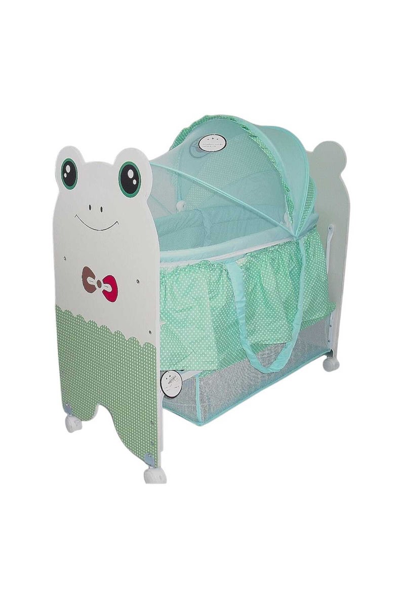 Baby Bassinet Rocking and Moving Cradle (Frog Design - Green) Portable Baby Bed with Mosquito Net and Storage Basket