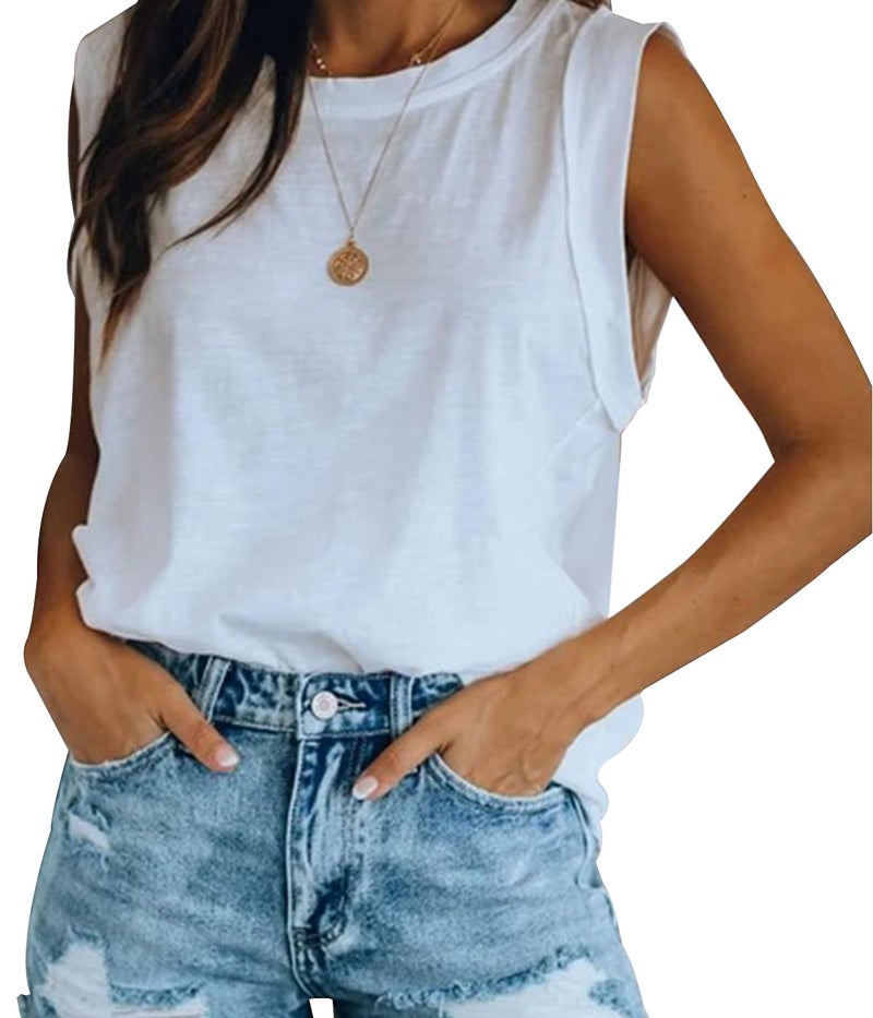 Fazortev Women's Summer Sleeveless Tank Top Loose Fit Casual Crew Neck T Shirts Basic Tee Tops White - Image 3