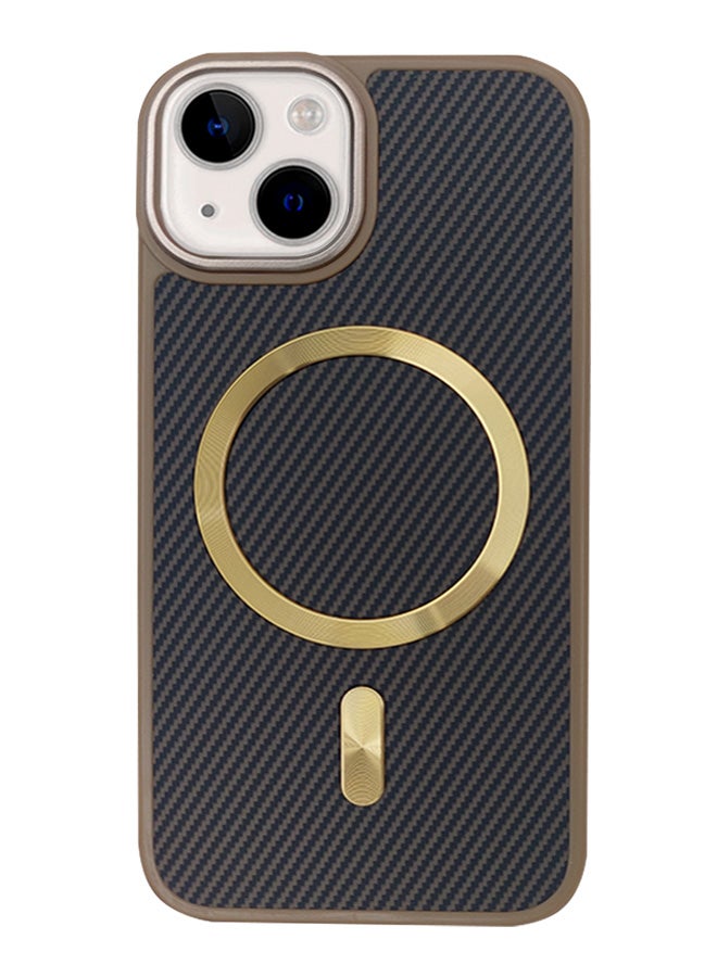 Magnetic Carbon Fiber Back Case for iPhone 13/14, Rugged Shockproof MagSafe Phone Case, Ultra Slim Case with Padded Interior to Prevent Your Phone's Back from Scratches, Supports Wireless Charging, Heavy Duty Protection and Anti-Scratch, for iPhone 13/14 - Brown / Gold  - Image 1
